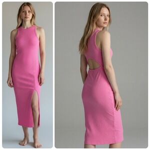 Aerie Ribbed Midi Dress Small Pink Cutout Back Side Slit Bodycon Sleeveless